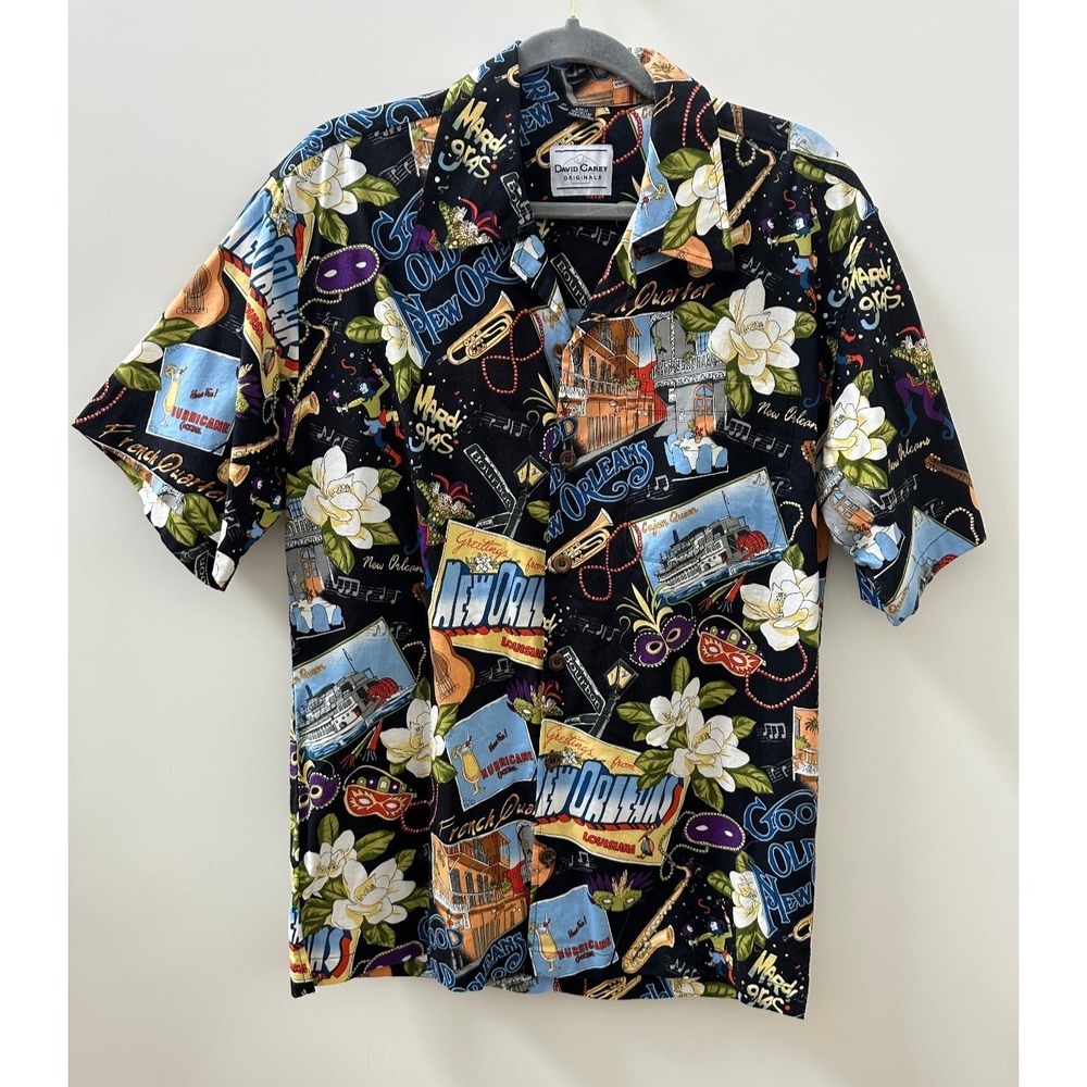 David Carey New Orleans Camp Shirt Black Button Up Collared Short Sleeve Mens M - Picture 14 of 15